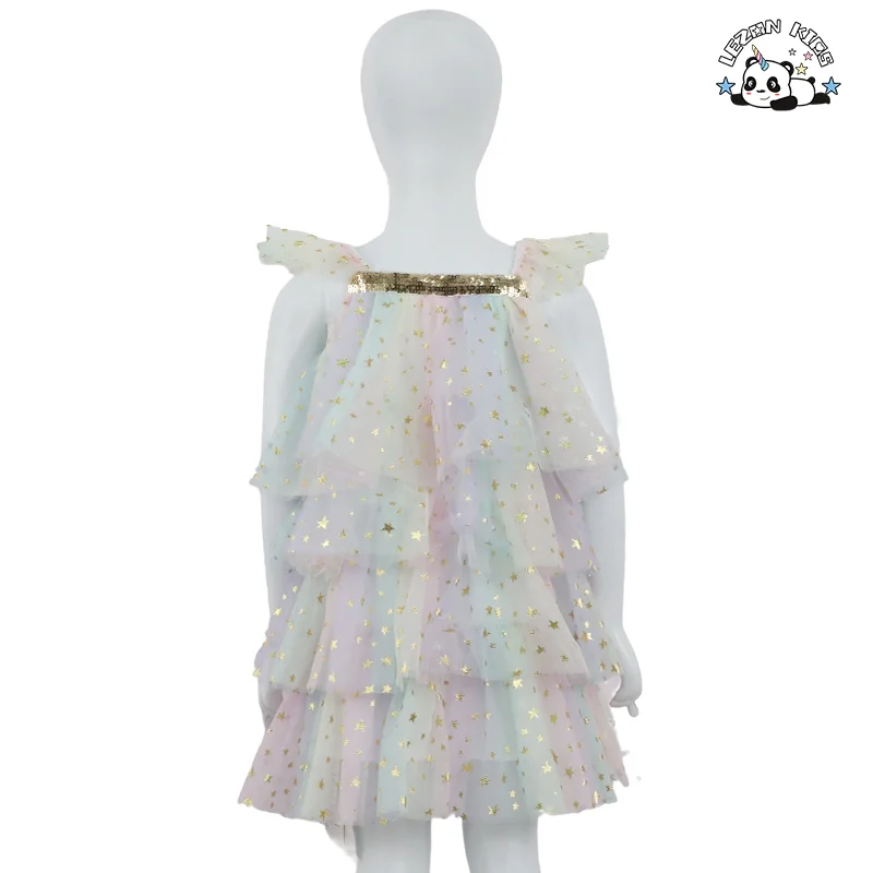 LEZONKIDS - Personalização OEM Novo 2024 Vestido de Meninas com Alça, Manga Voadora, Camadas, Estrela Brilhante, Impressão, Bolo, Vestido, Lindo, Pena